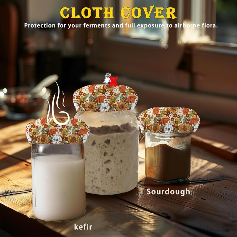 IGPPDO 70s Retro Floral Sourdough Starter Jar Cloth Covers，5 Pack Kit Stretchy Cloth Bowl Lids Fits Jar Mouth Ranging 3"- 4" Inches - Image 2